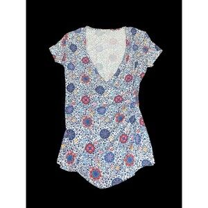 BODEN Faux Wrap Shirt SIZE 8 Blue Floral Print Short Sleeve Ruched Jersey Top